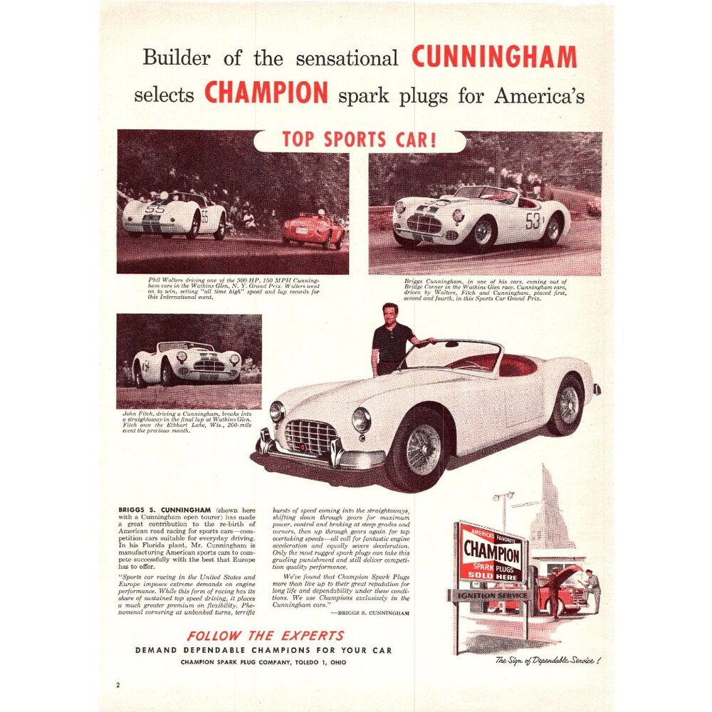 1952 Champion Spark Plugs Vintage Print Ad Brigg's Cunningham Touring Wall Art
